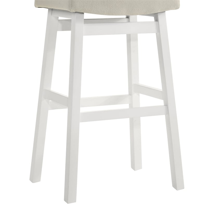 Lenon Wood Bar Height Kitchen Bar Stool in White with Cream Fabric Seat