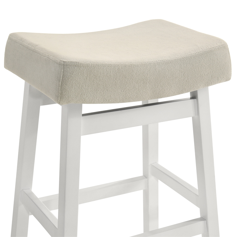 Lenon Wood Bar Height Kitchen Bar Stool in White with Cream Fabric Seat