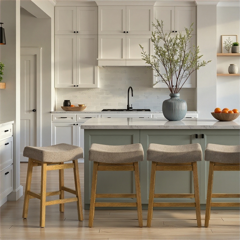 Lenon Wood Counter Height Kitchen Bar Stool in Amber Glow with Taupe Fabric Seat