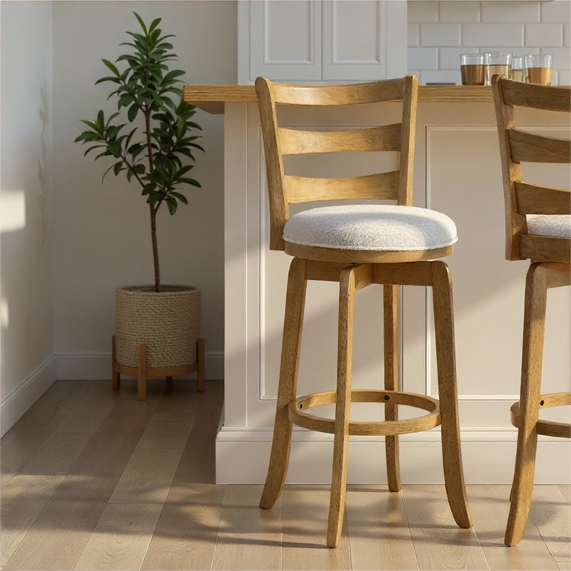 Melindra Swivel Wood Bar Height Bar Stool in Amber/White Boucle Seat- Set of 3