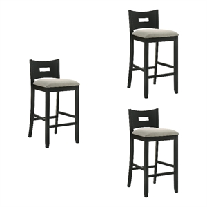 Ren 30&quot Matte Black Bar Height Barstool with Fog Fabric Seat - Set of 3