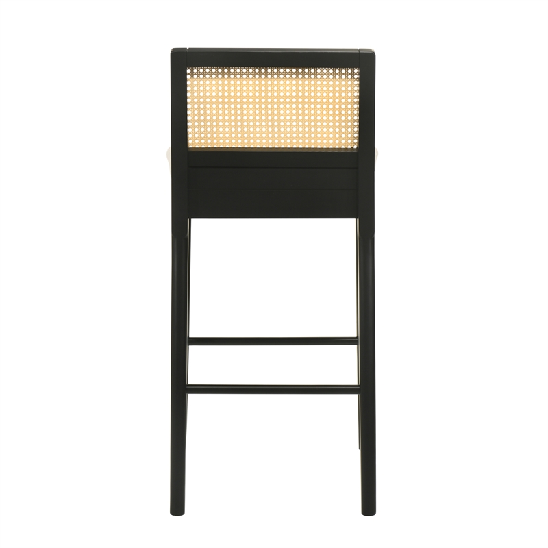 Tobias Wood Bar Height Kitchen Bar Stool in Black with White Boucle Fabric Seat