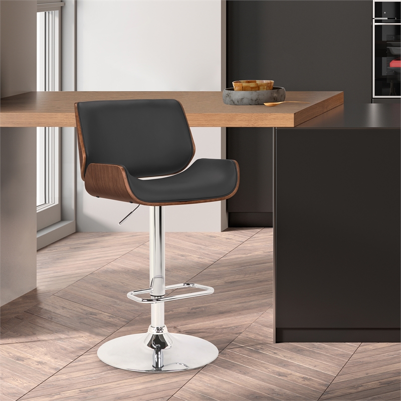 Armen Living London Modern Leather & Metal Swivel Barstool in Black/Walnut