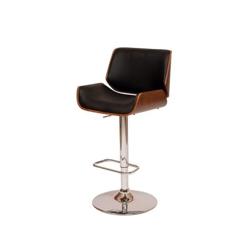 Armen Living London Modern Leather & Metal Swivel Barstool in Black/Walnut