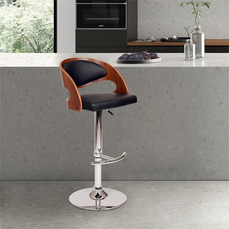 Armen Living Malibu Modern Leather & Metal Swivel Barstool in Black/Walnut