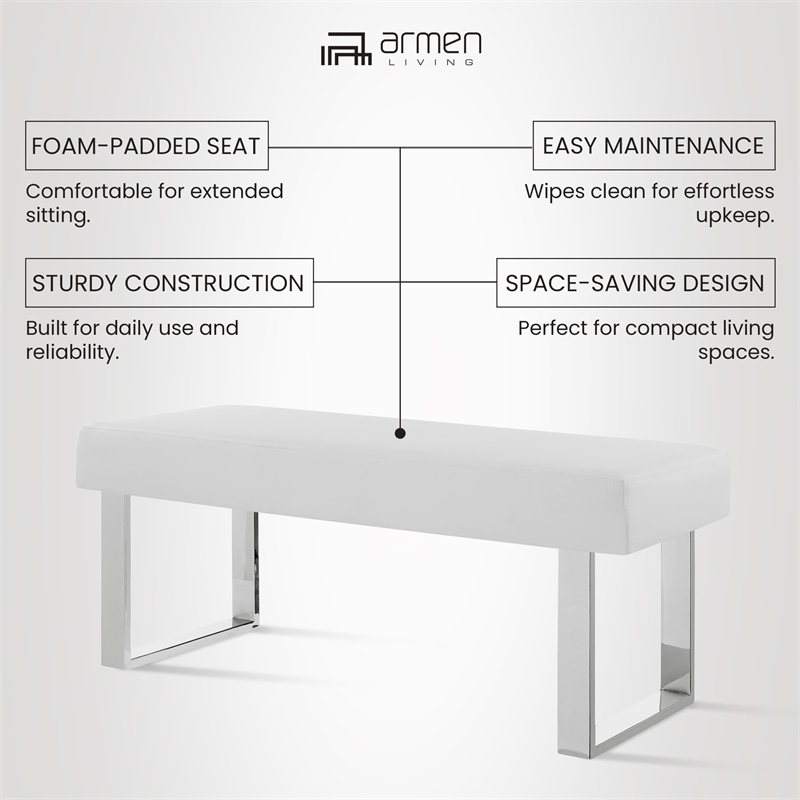 Armen Living Amanda Modern Vinyl & Metal Living Room Bench in White/Silver