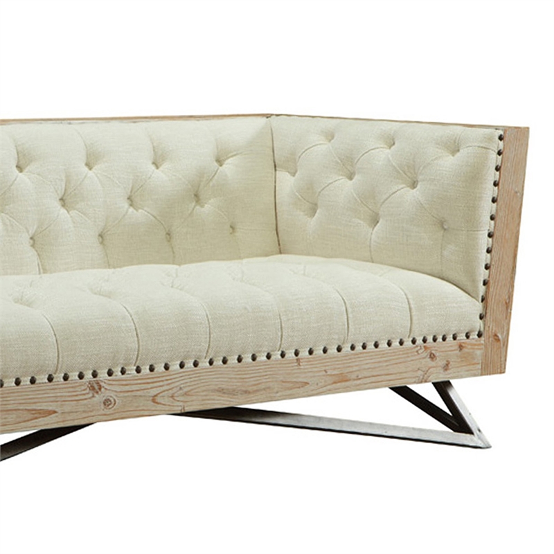 Armen Living Regis Tufted Upholstered Modern Leather Sofa in Cream
