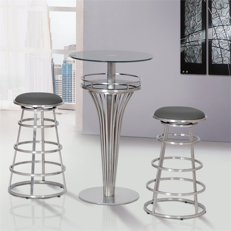 armen living yukon round modern metal & glass top bar table in gray