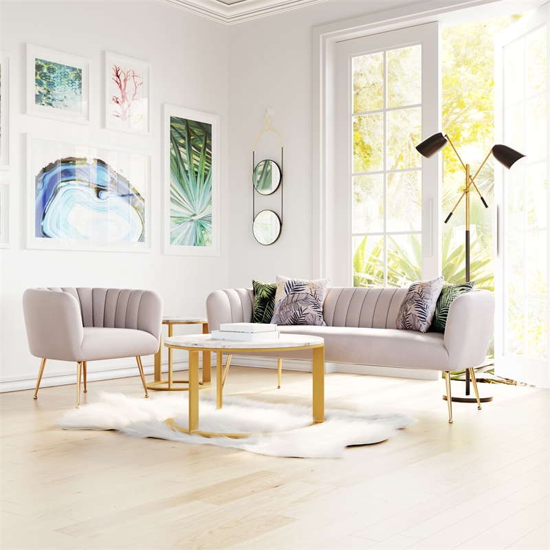 ZUO Deco Modern Polyester Velvet Upholstered Sofa in Beige & Gold