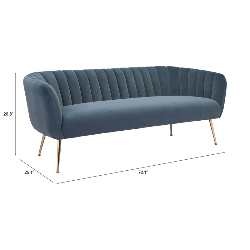 ZUO Deco Modern Polyester Velvet and Stainless Steel Sofa in Gray & Gold