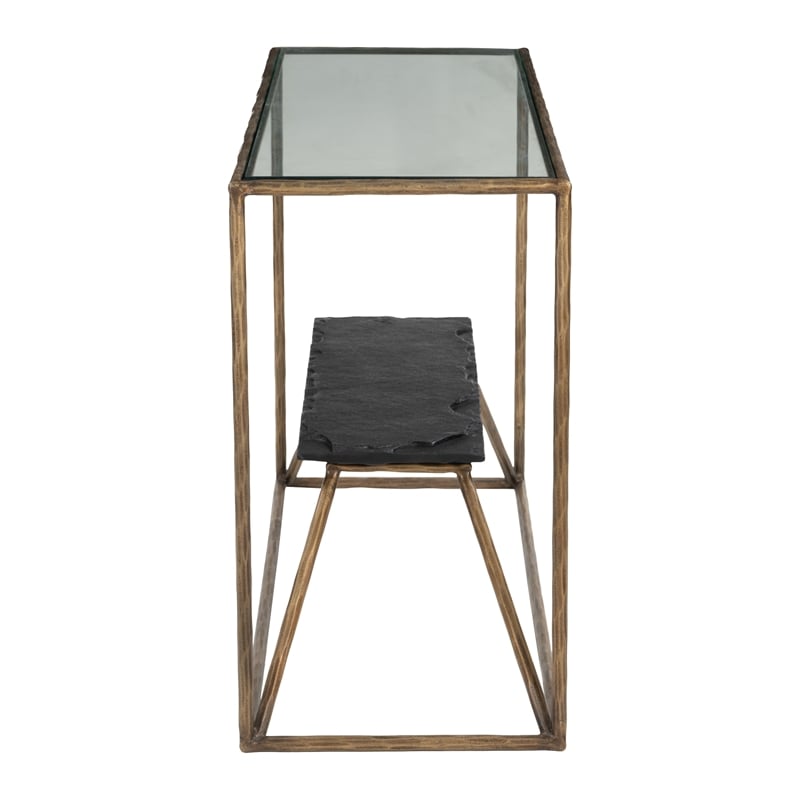 ZUO Ranol Glass-Top and Iron Frame Console Table in Brass
