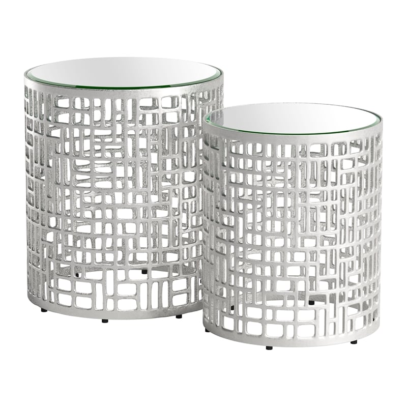ZUO Reden Glass-Top and Aluminum Frame End Table Set in Silver (Set of 2)