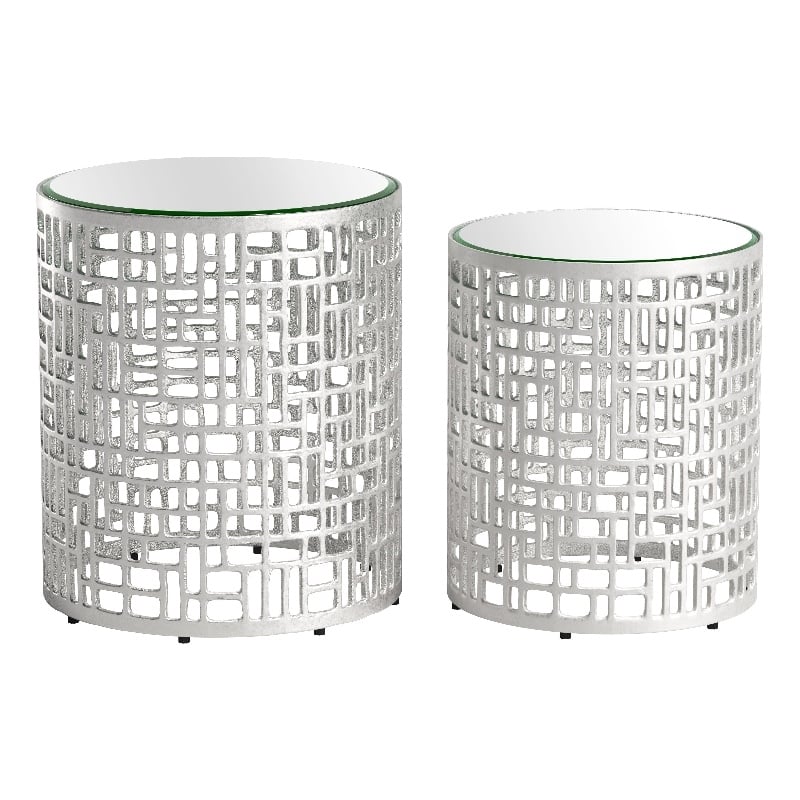 ZUO Reden Glass-Top and Aluminum Frame End Table Set in Silver (Set of 2)