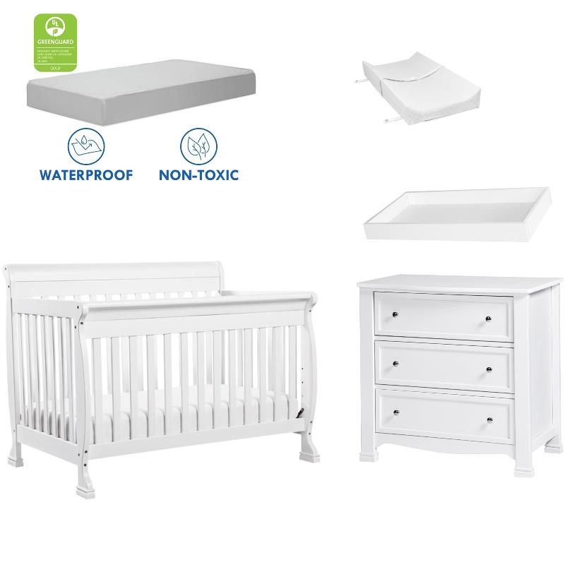 4-in-1 Convertible Crib Set with Dresser Mattress and Changing Tray in White