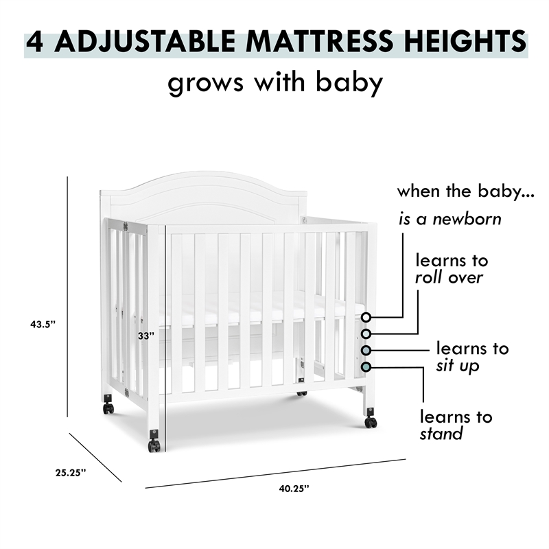 Davinci Charlie Pine Wood and MDF Folding Portable 3-In-1 Mini Crib in White