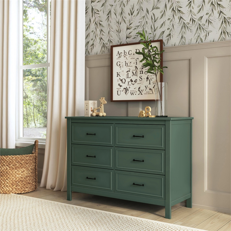 Davinci Charlie 6-Drawer Modern Pine Wood and MDF Double Dresser in Forest Green