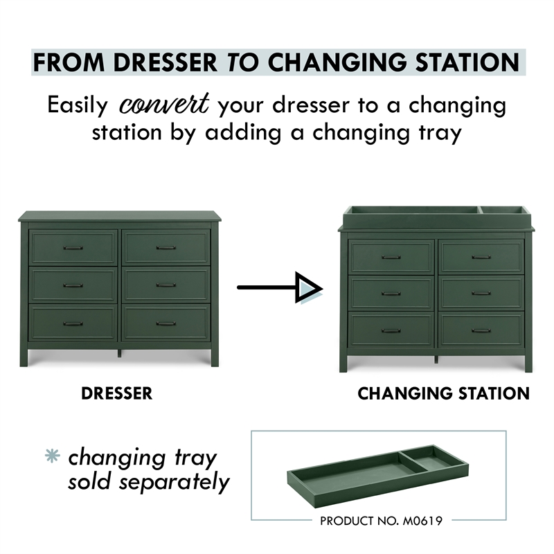 Davinci Charlie 6-Drawer Modern Pine Wood and MDF Double Dresser in Forest Green