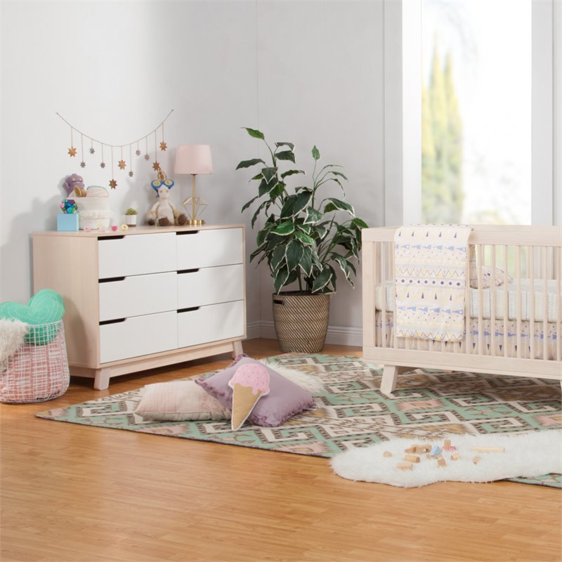 Babyletto Hudson 6 Drawer Double Wood Dresser in Washed Natural and White Beige