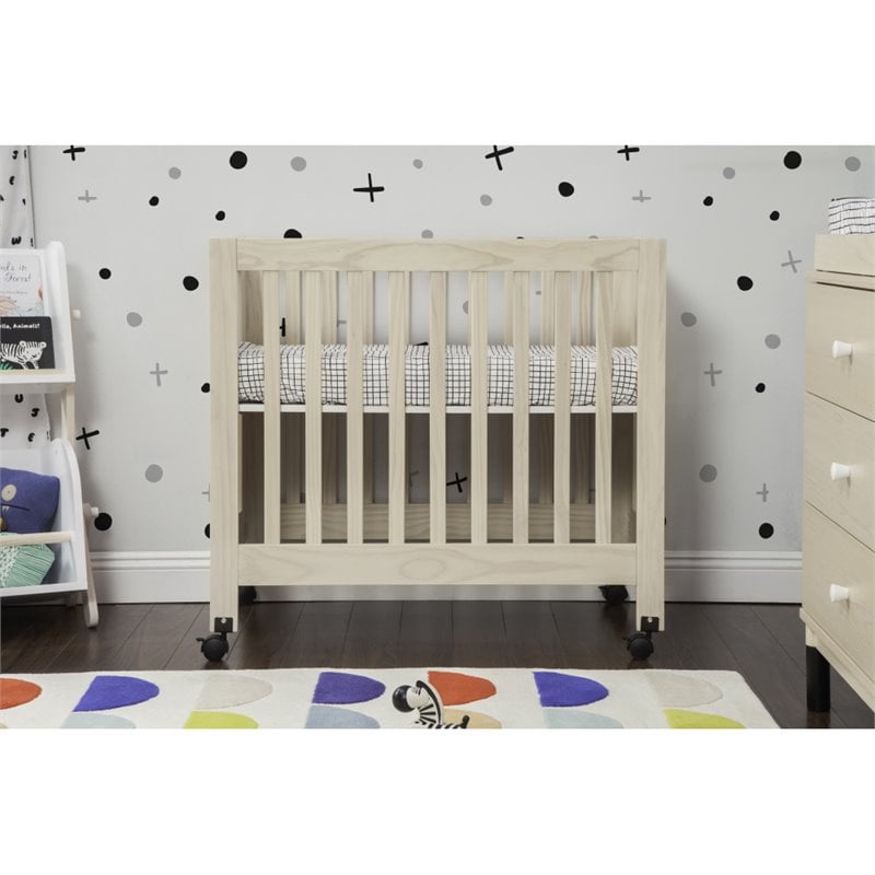 Babyletto Origami Portable Folding Mini Crib with Casters in Washed Natural