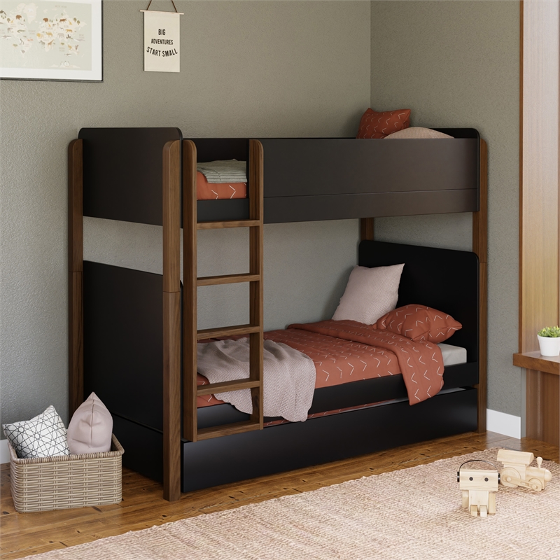 Babyletto Tiptoe Pine Wood Bunk Bed in Black and Natural Walnut
