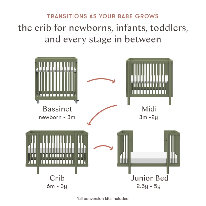 Babyletto Pogo Pine Wood 8-in-1 Convertible Crib in Olive