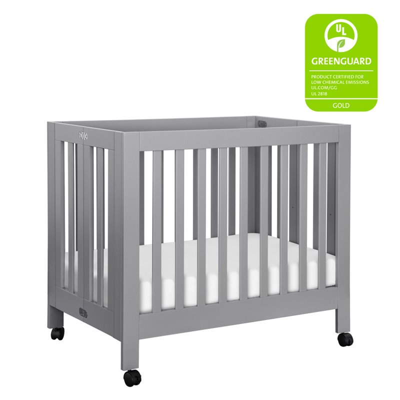 Babyletto Origami Portable Folding Mini Wood Crib with Casters in Gray