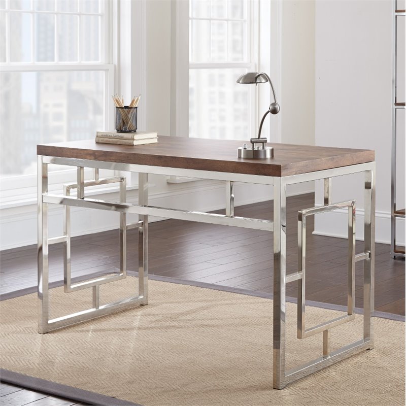 Alize Chrome Metal Desk with Brown Faux Wood Top