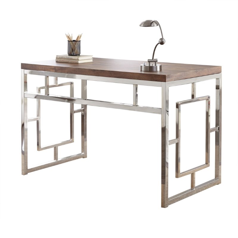 Alize Chrome Metal Desk with Brown Faux Wood Top