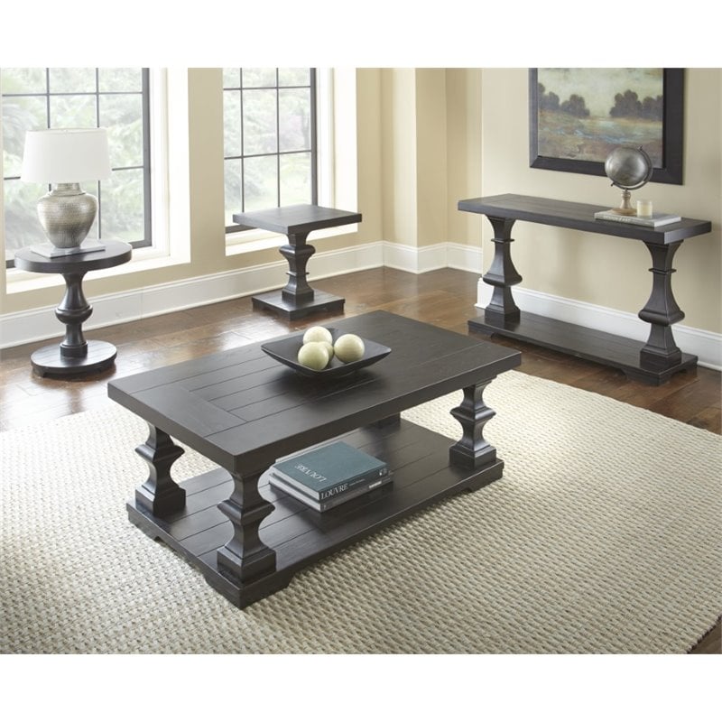 Dory Coffee Table in Ebony Finish with planked top and pedestal base