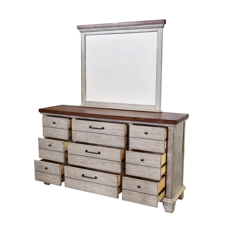 Bear Creek Rustic Ivory Nine Drawer Dresser and Mirror Set
