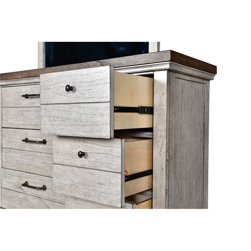 Bear Creek Rustic Ivory Nine Drawer Dresser and Mirror Set
