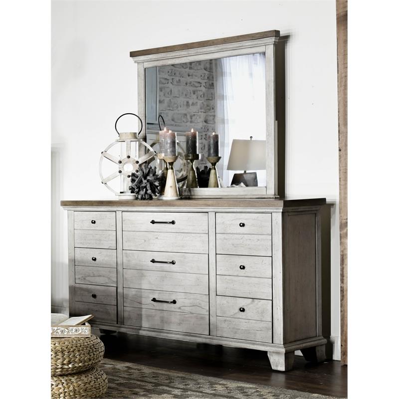 Bear Creek Rustic Ivory Nine Drawer Dresser and Mirror Set