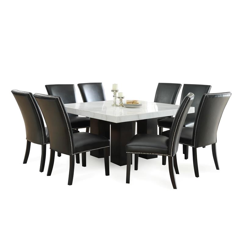Camila Marble Top Square 9-Piece Dining Set with Black Chairs