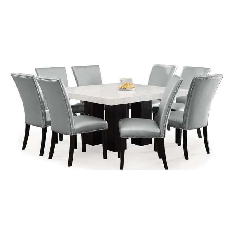 Camila Marble Top Square 9-Piece Dining Set with Silver Chairs