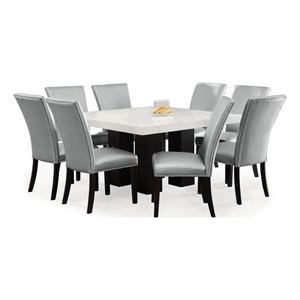 camila marble top square 9-piece dining set with silver chairs