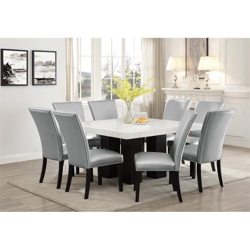 Camila Marble Top Square 9-Piece Dining Set with Silver Chairs