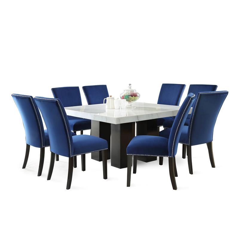 Camila Marble Top Square 9-Piece Dining Set with Blue Velvet Chairs
