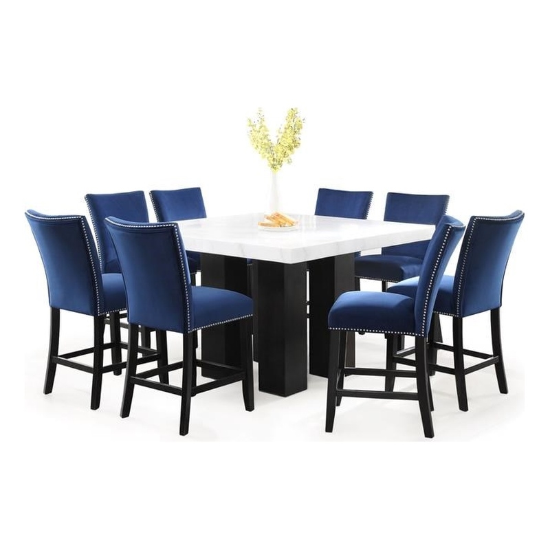 Camila Marble Top Square 9-Piece Counter Height Dining Set Blue Velvet