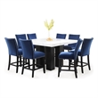 Camila Marble Top Square 9-Piece Counter Height Dining Set Blue Velvet