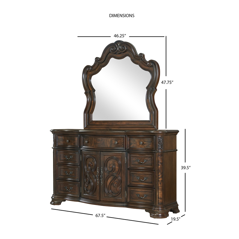 Royale Brown Cherry 9-Drawer Dresser and Mirror
