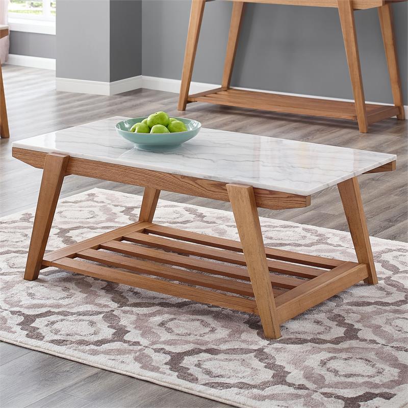 Celeste White Marble Top Wood Farmhouse Cocktail Table