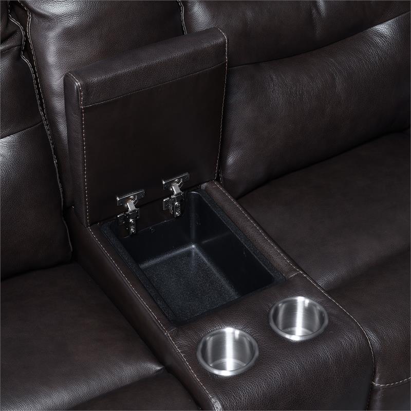 Fortuna Dark Brown Espresso Leather Power Recliner Console Loveseat
