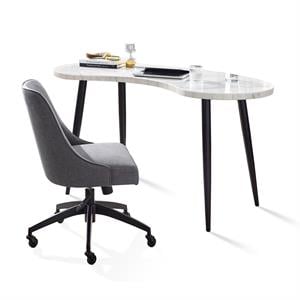 Steve Silver Kinsley White Marble Desk and Gray Upholstered Chair Set