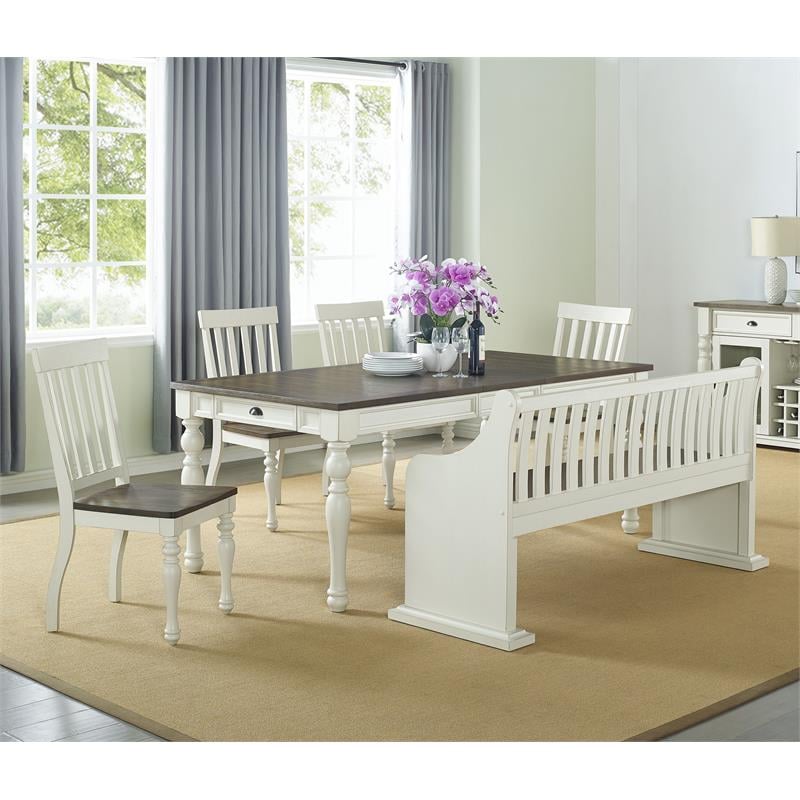 Steve Silver Joanna Two-Tone Ivory and Dark Oak Farmhouse Dining Bench with Back