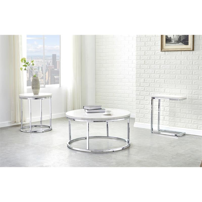 Steve Silver Echo White Marble and Chrome Metal Round Cocktail Table