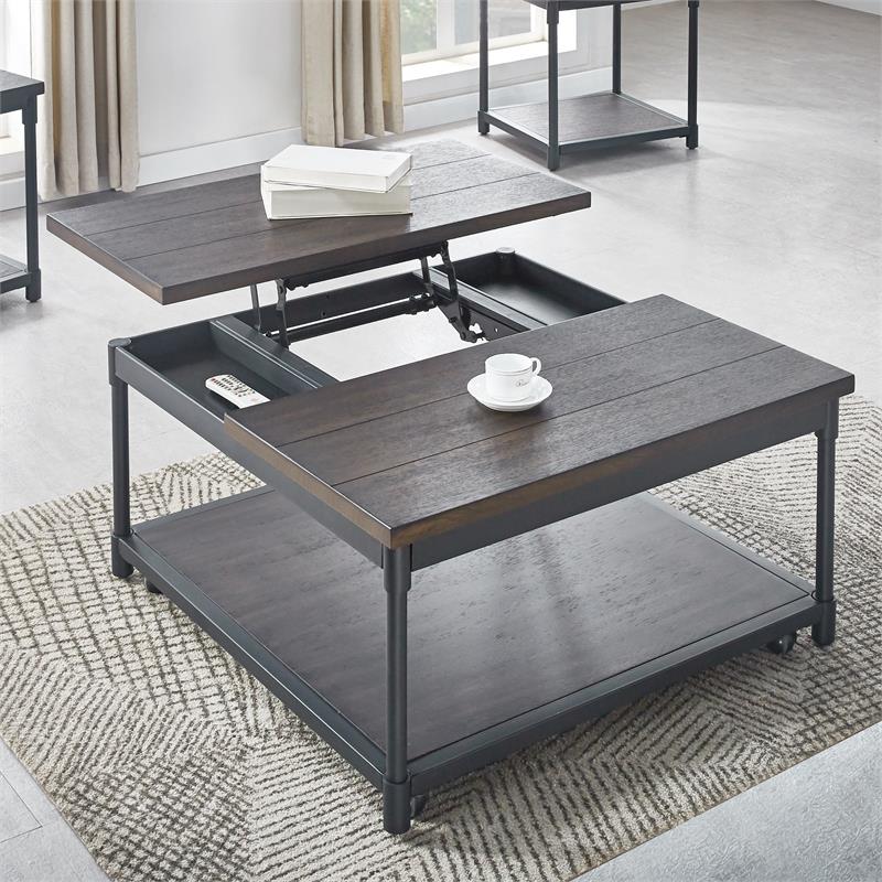 Steve Silver Prescott Smokey Oak and Black Metal Lift-Top Square Cocktail Table