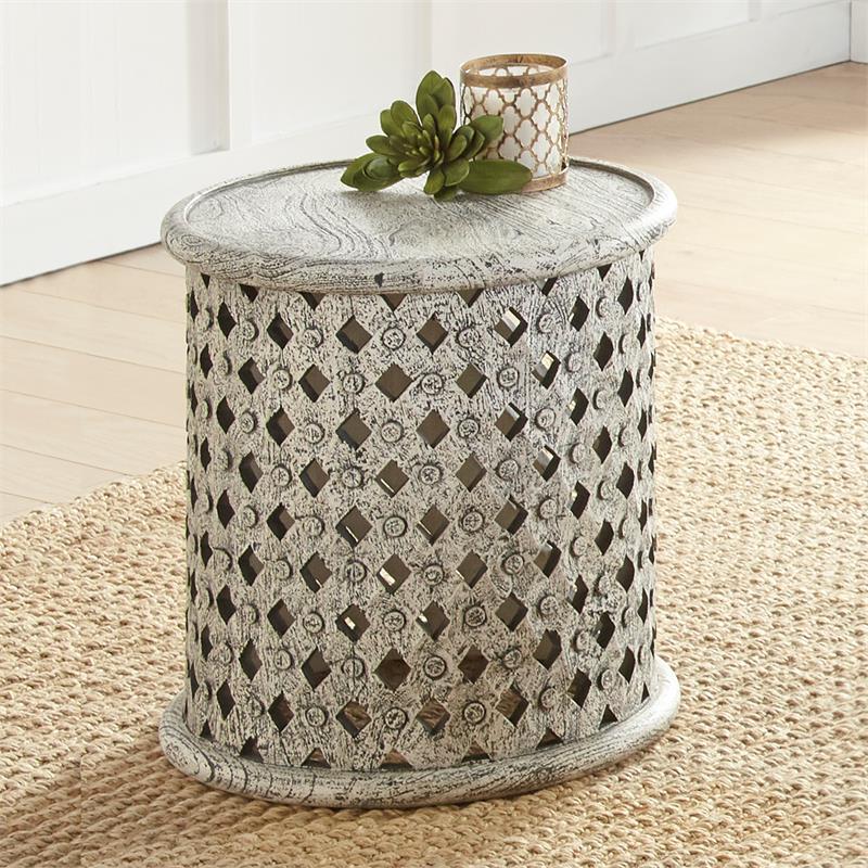 Samir Aged White Alabaster Wood Round End Table