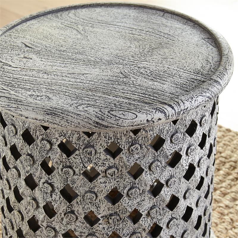 Samir Aged White Alabaster Wood Round End Table