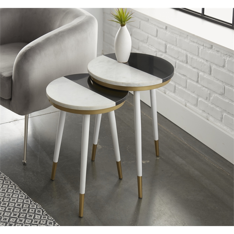 Taj Black and White Marble Top 2-Pack Round Side Table Set