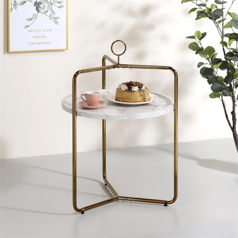 Steve Silver Miro White Faux Marble and Gold Metal Side Table